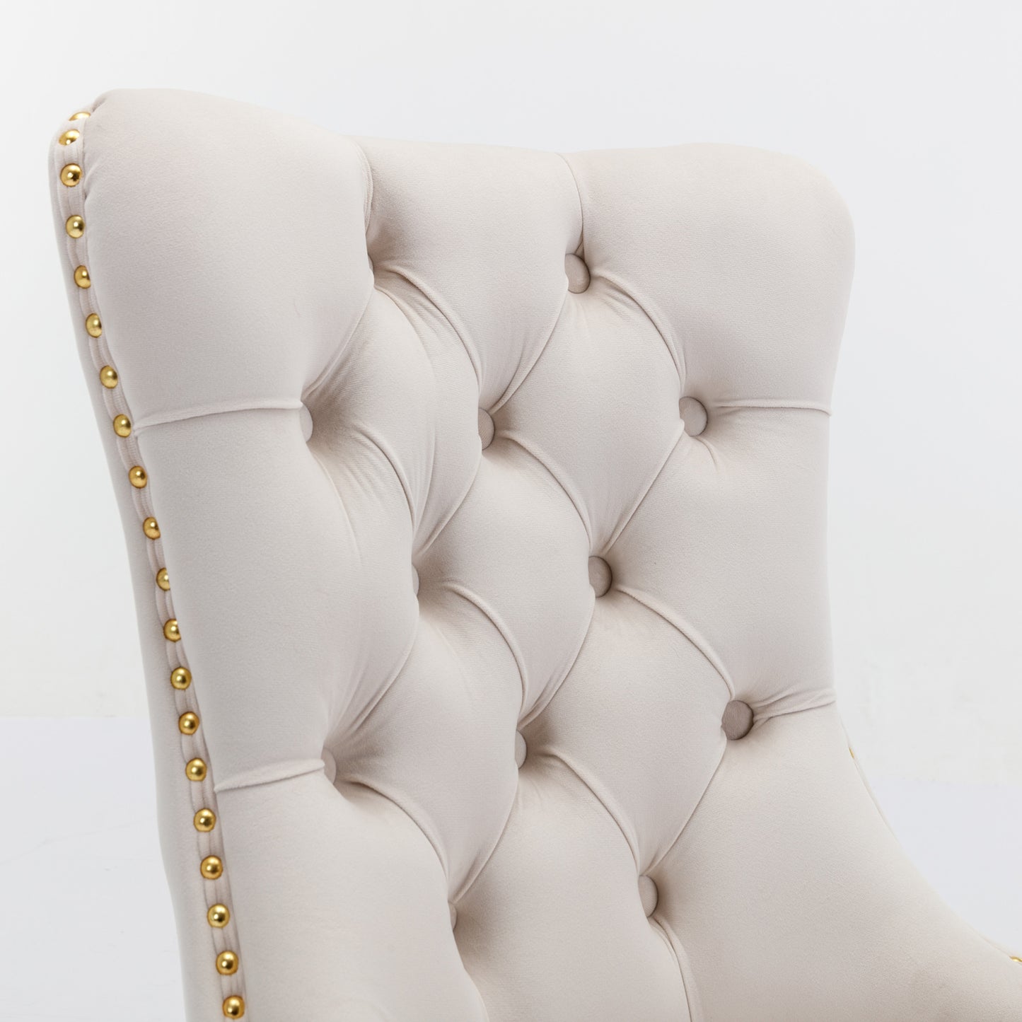 Tufted solid wood velvet soft cushion dining chair gold stainless steel plated leg nail head set of 2 pieces beige and gold - LaTezza Online Shop