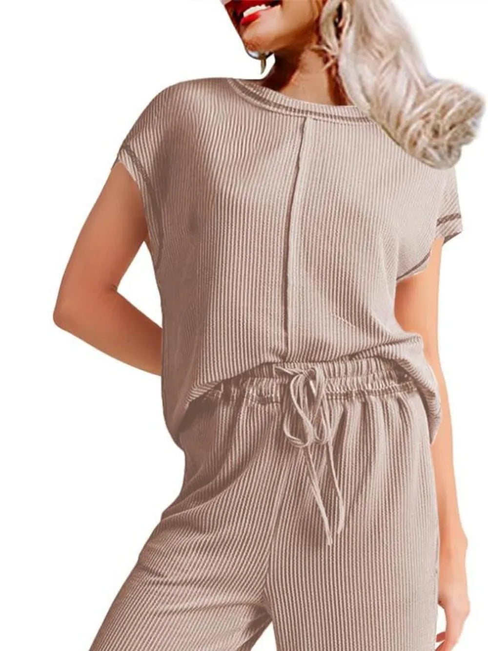 Ribbed Exposed Seam Top and Pants Set - LaTezza Online Shop
