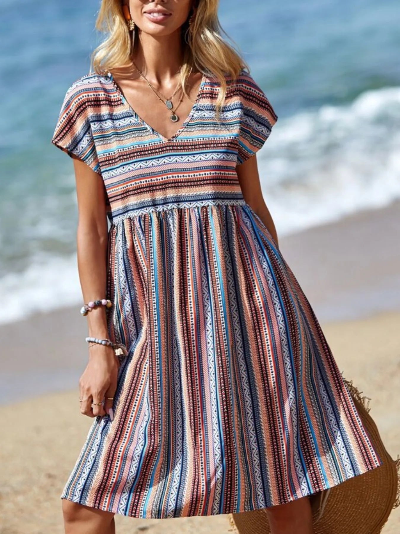 Striped V-Neck Short Sleeve Dress