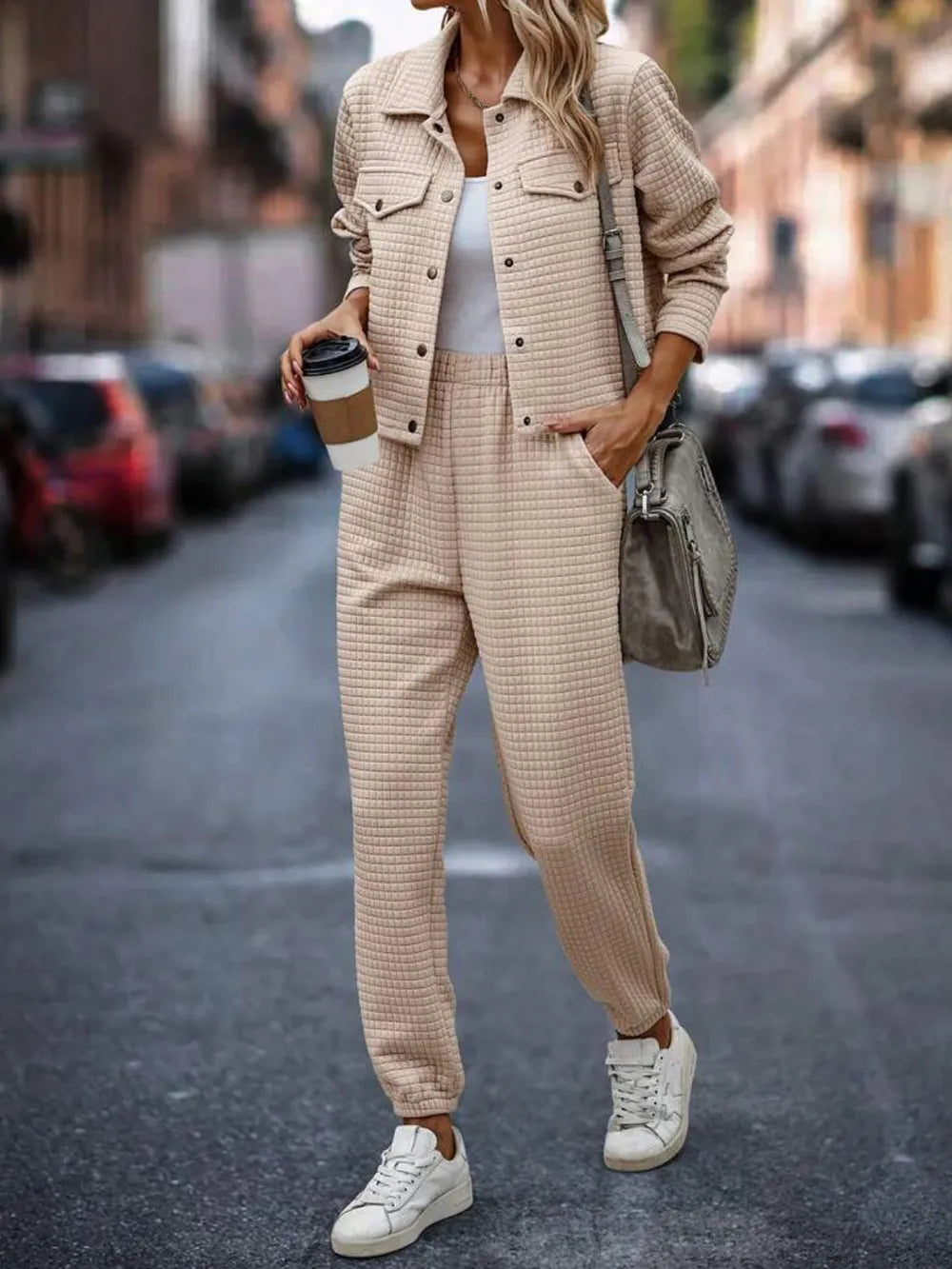 Plaid Texture Snap Down Top and Pants Set - LaTezza Online Shop