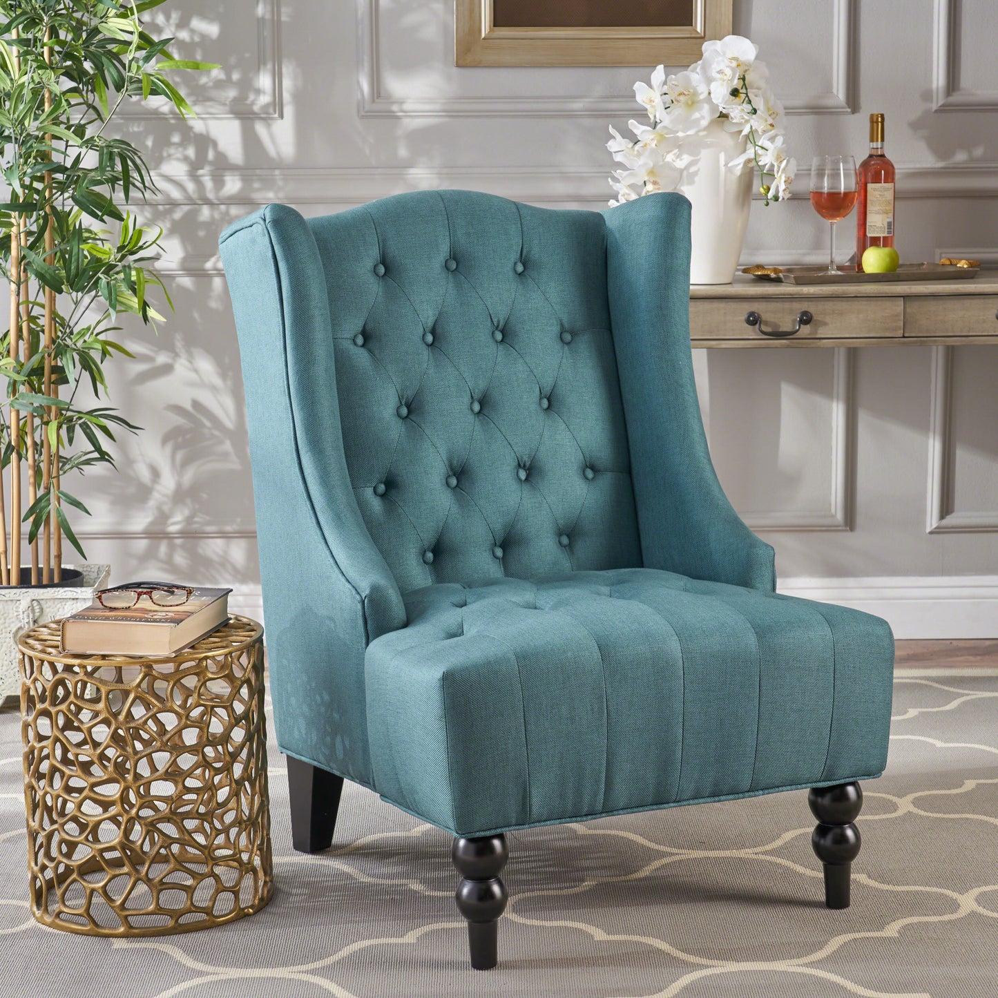 Teal Upholstered Wingback Chair with Birch Wood Legs - LaTezza Online Shop