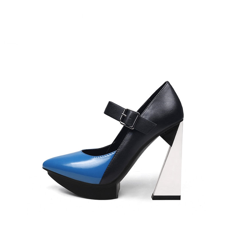 Pumps Platform Women Shallow Shoes Pointed Toe Blue Mixed Black Leather High Heels Chic Mary Jeans Strap Party Stilettos - LaTezza Online Shop