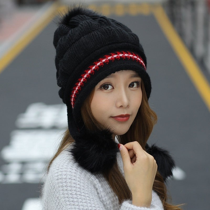 Knit Fleece-Feel Beanie With Ear Flaps & Pompom Warm Winter Hat For Women - LaTezza Online Shop