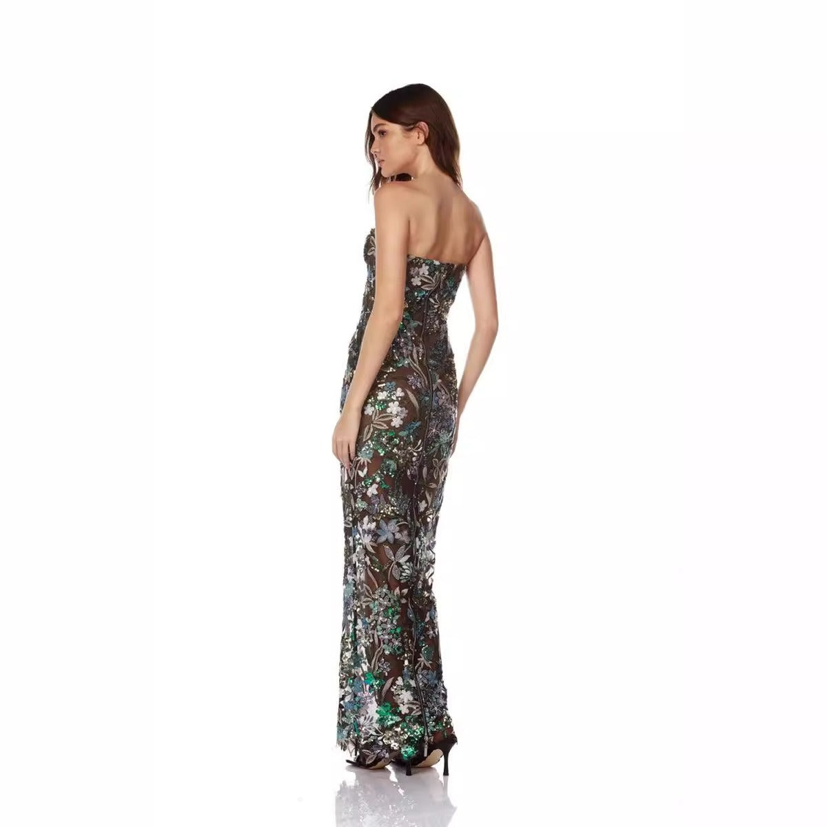 Fashionable blue sexy tube top slim fit embroidered tight sleeveless long hip-hugging dress - LaTezza Online Shop