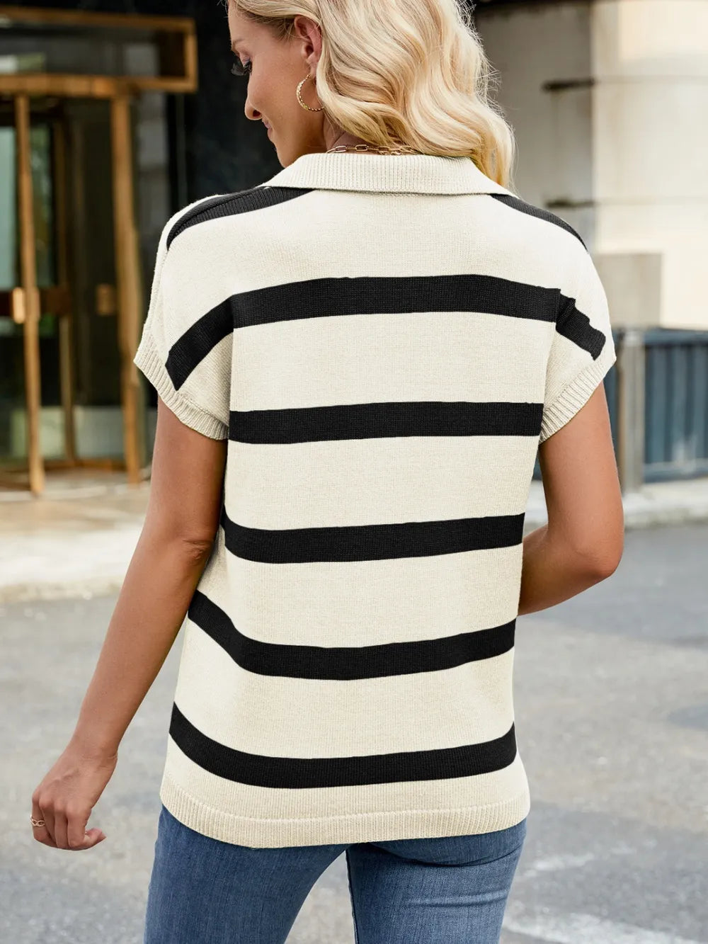 Flip collar casual striped knitted sweater vest and camisole sweater - LaTezza Online Shop