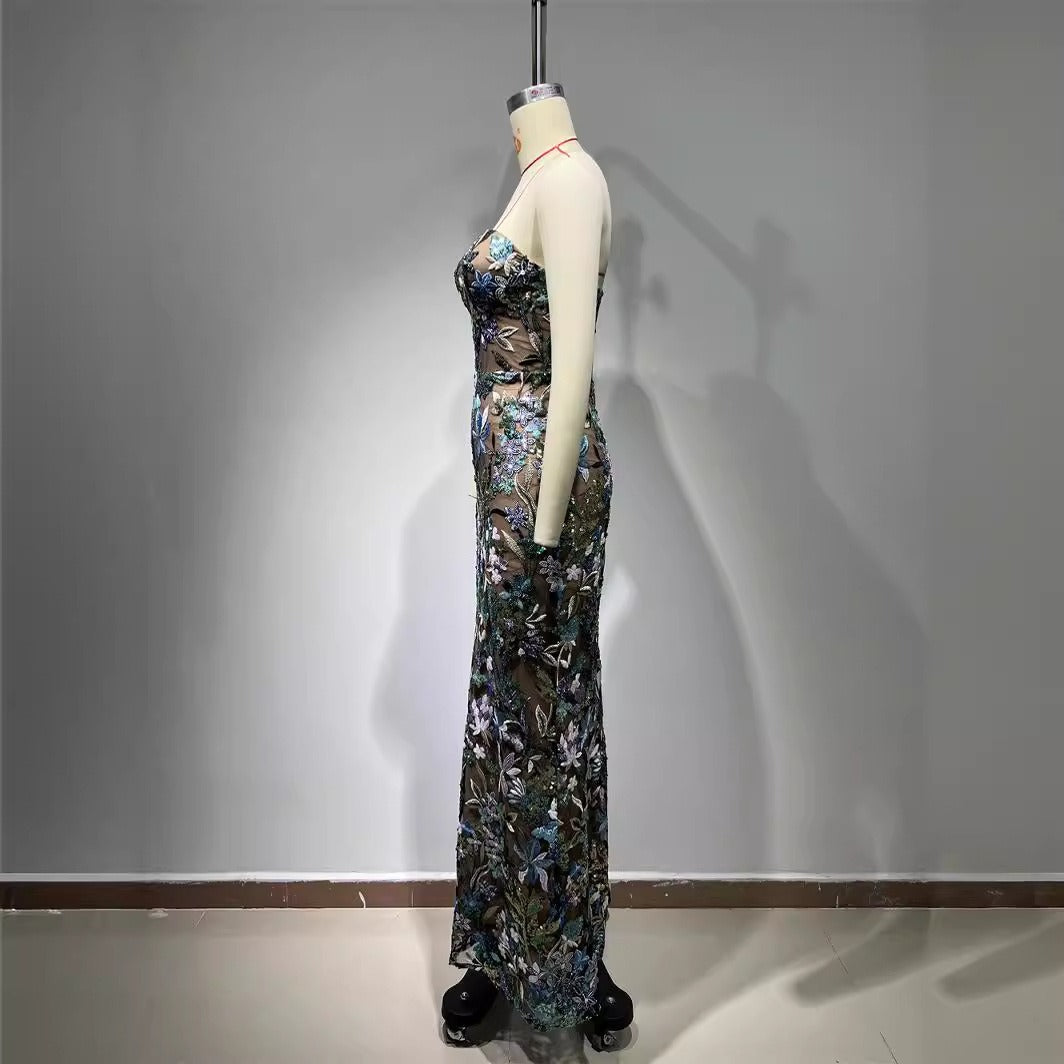 Fashionable blue sexy tube top slim fit embroidered tight sleeveless long hip-hugging dress - LaTezza Online Shop