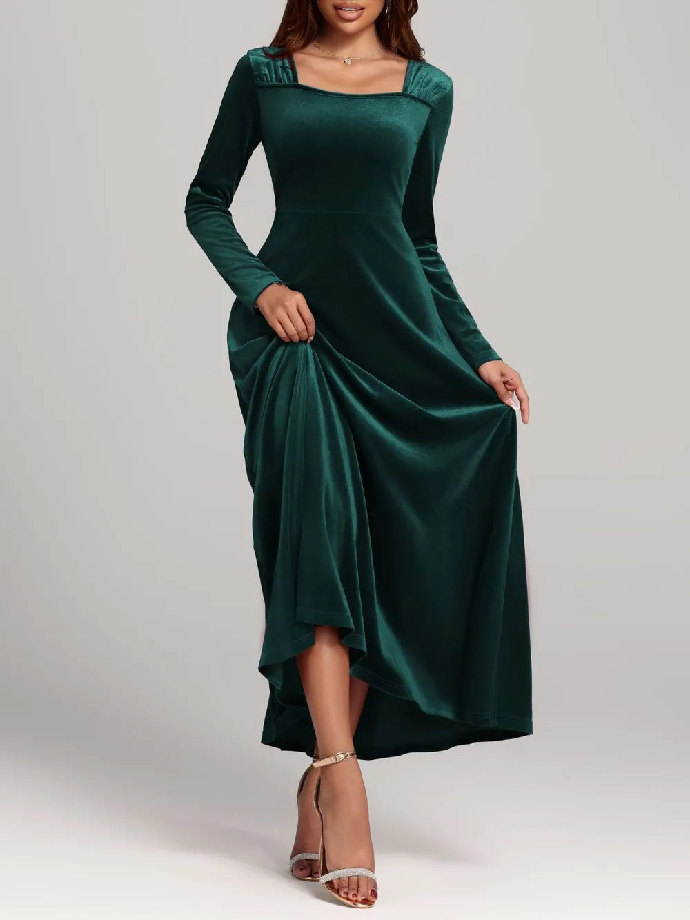 Square Neck Long Sleeve Velvet Dress - LaTezza Online Shop