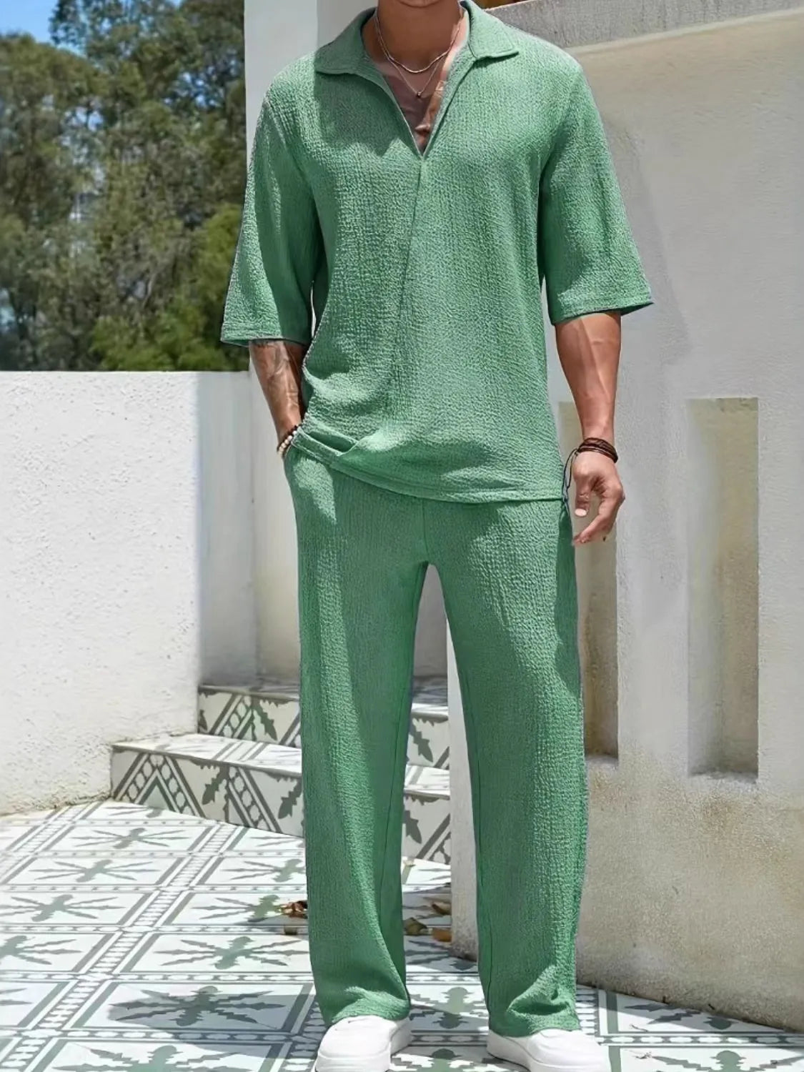 Men's Johnny Collar Half Sleeve Top and Pants Set - LaTezza Online Shop