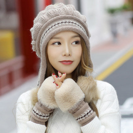 Knit Fleece-Feel Beanie With Ear Flaps & Pompom Warm Winter Hat For Women - LaTezza Online Shop