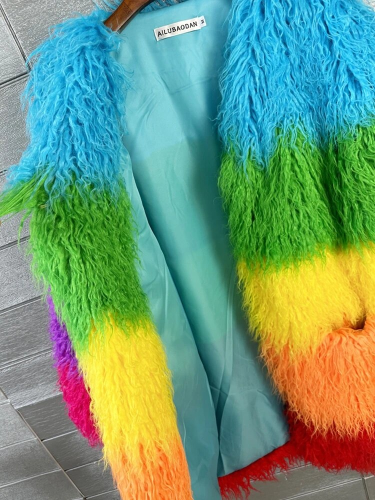 Rainbow Winter Faux Fur Coat Loose Splicing Contrast Color Long Jacket Shaggy Outerwear