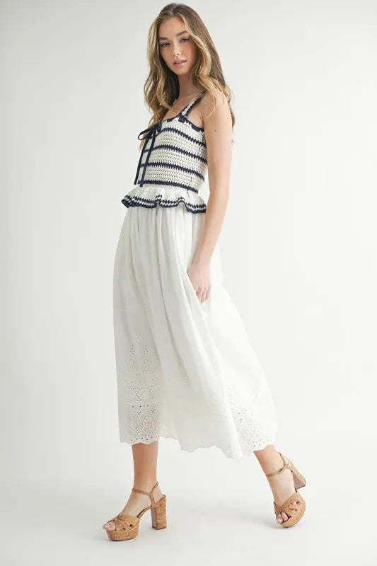MABLE Crochet Stripe Knit Eyelet Mix Midi Dress - LaTezza Online Shop