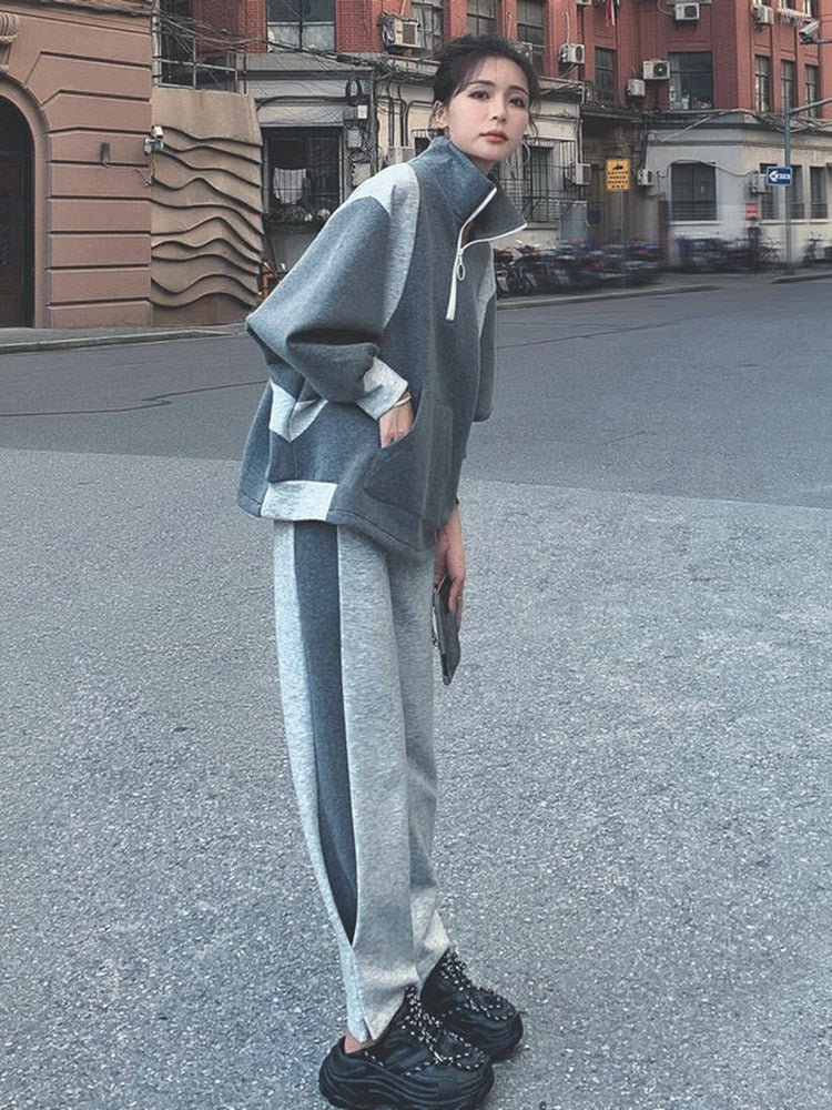 Contrast Color Zipper Sweatshirt With Loose Casual Pants 2 Pieces Set For Women Sprots Clothing Autumn New 2R4356 - LaTezza Online Shop