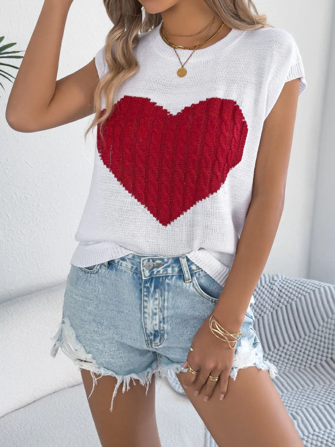 Cable Knit Heart Round Neck Cap Sleeve Knit Top - LaTezza Online Shop