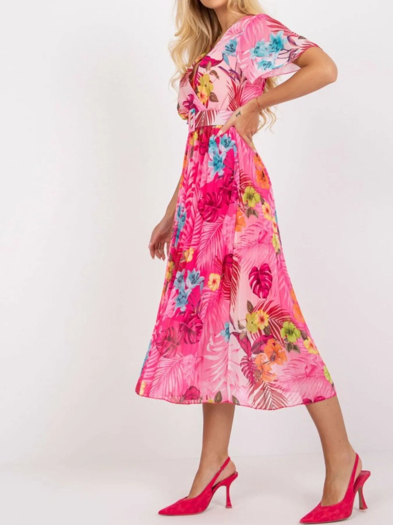 Printed Pleated Midi Wrap Dress with Belt - LaTezza Online Shop