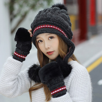 Knit Fleece-Feel Beanie With Ear Flaps & Pompom Warm Winter Hat For Women - LaTezza Online Shop