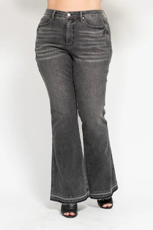 Judy Blue Full Size Mid Rise Tummy Control Washed Gray Release Hem Flare Jeans Plus Size - LaTezza Online Shop