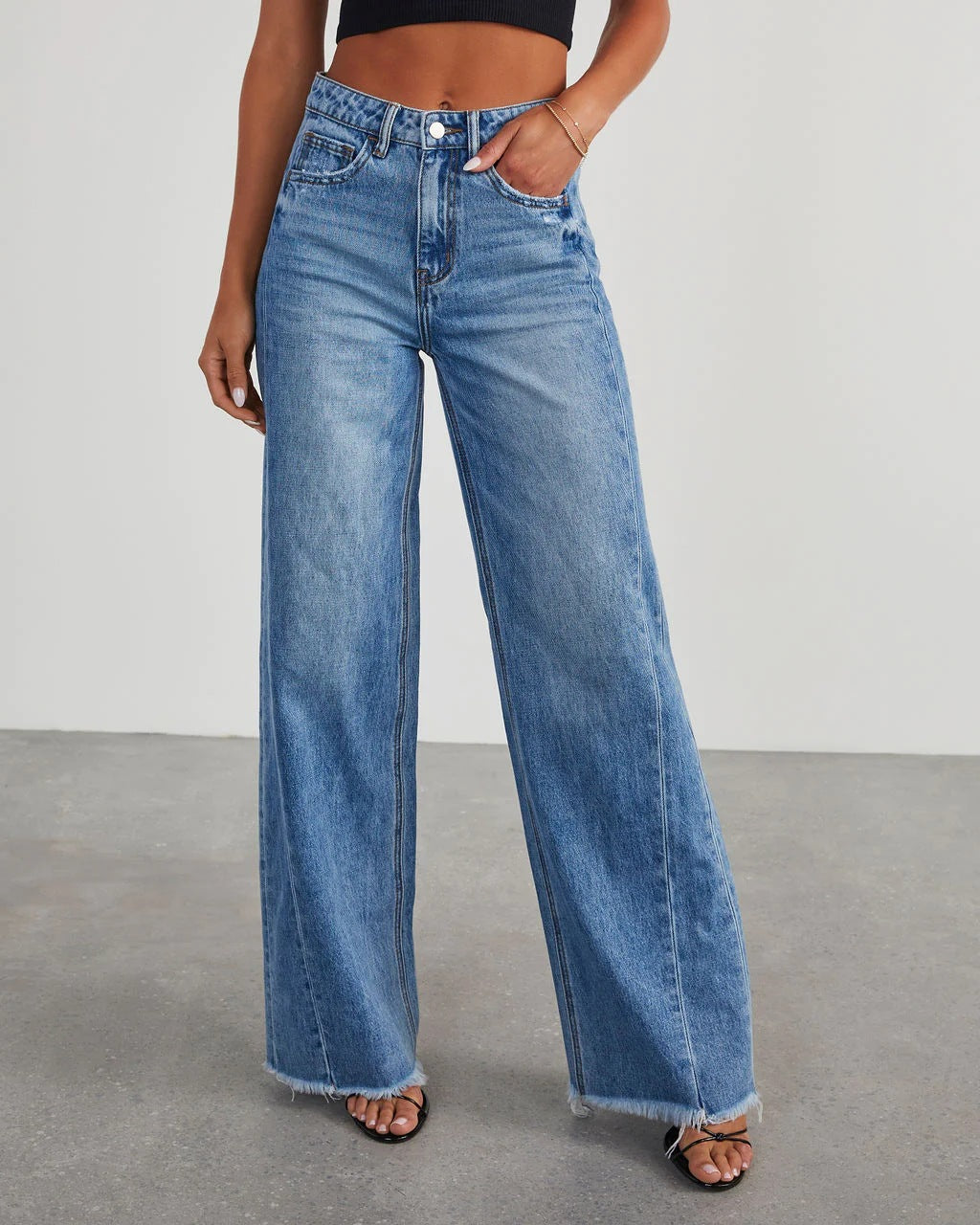 Loose wide leg side seam splicing, brushed hem denim jeans for women - LaTezza Online Shop