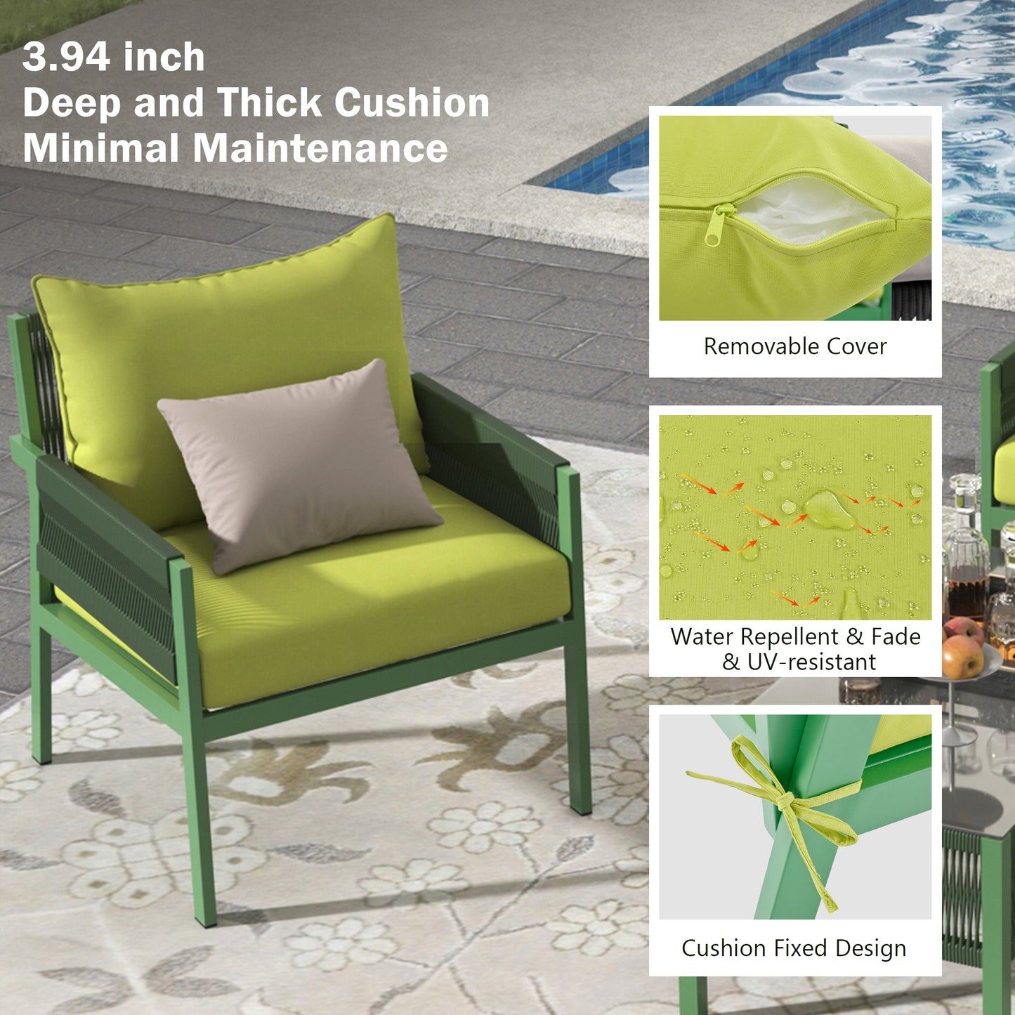 Outdoor Furniture with Tempered Glass Table, Set Deep Seating with Thick Cushion (Fluorescent Yellow & Green) - LaTezza Online Shop