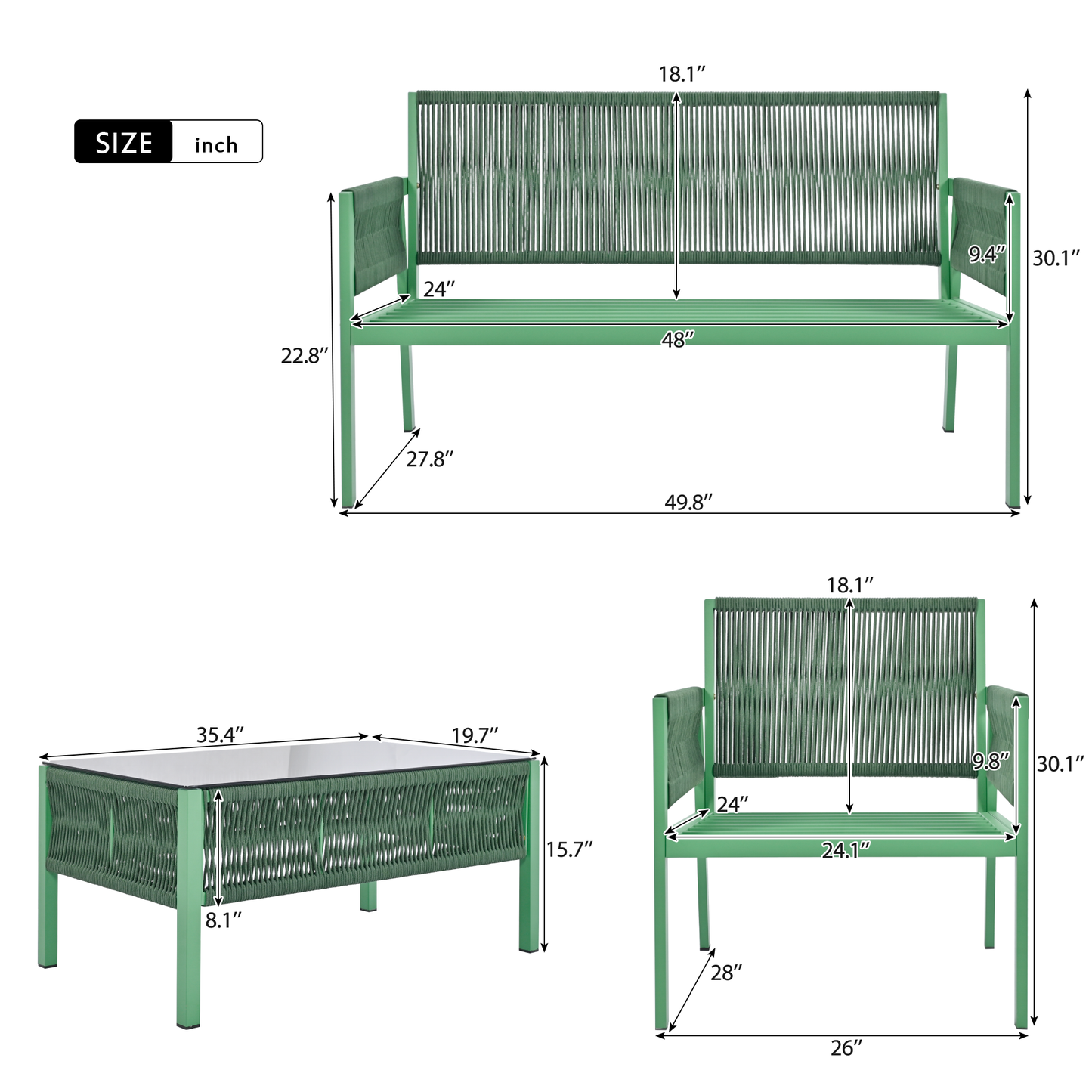 Outdoor Furniture with Tempered Glass Table, Set Deep Seating with Thick Cushion (Fluorescent Yellow & Green) - LaTezza Online Shop