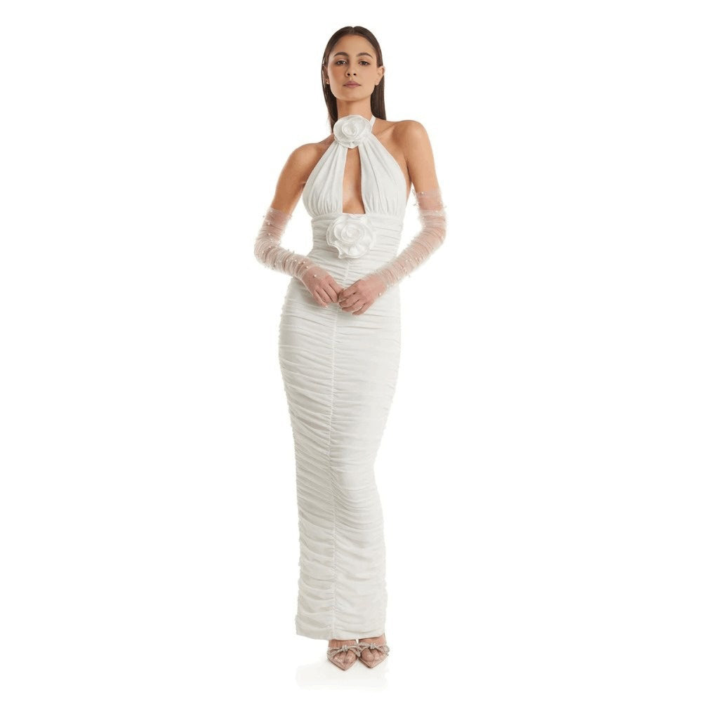 White Halter backless tight fitting flower accent bandage wrapped long dress - LaTezza Online Shop