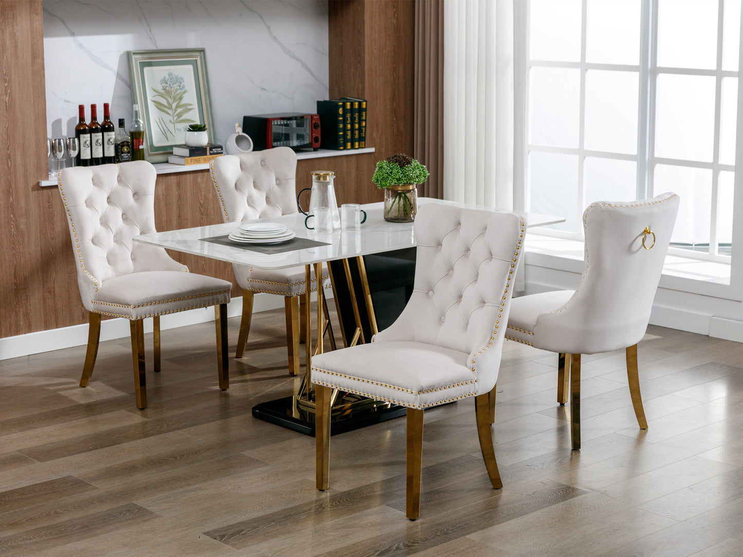 Tufted solid wood velvet soft cushion dining chair gold stainless steel plated leg nail head set of 2 pieces beige and gold - LaTezza Online Shop