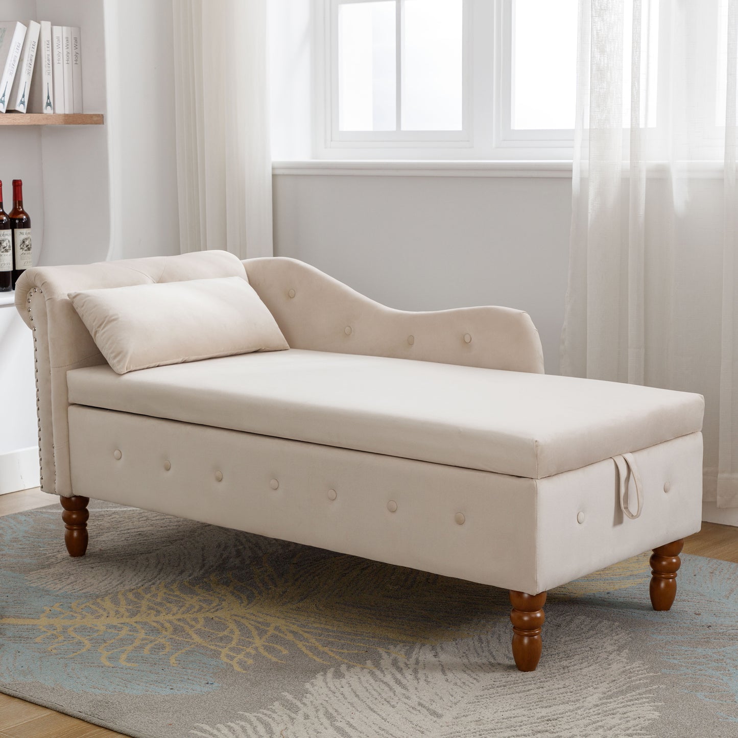 Beige Chaise Lounge Indoor Velvet Lounge Chair for Bedroom with Storage & Pillow Modern Upholstered Rolled Arm Chase Lounge - LaTezza Online Shop