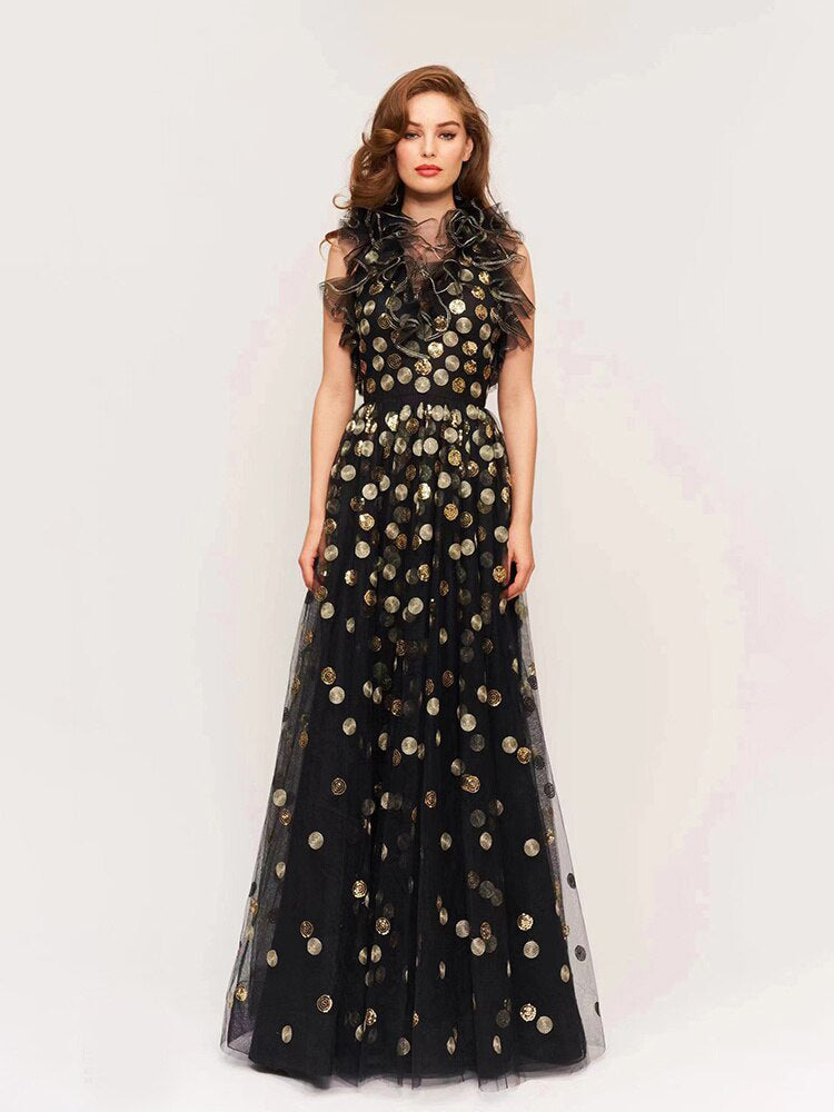 Backless Black Evening Dress Women Neck Sleeveless Ruffles Sequins Dress Summer New Trendy - LaTezza Online Shop