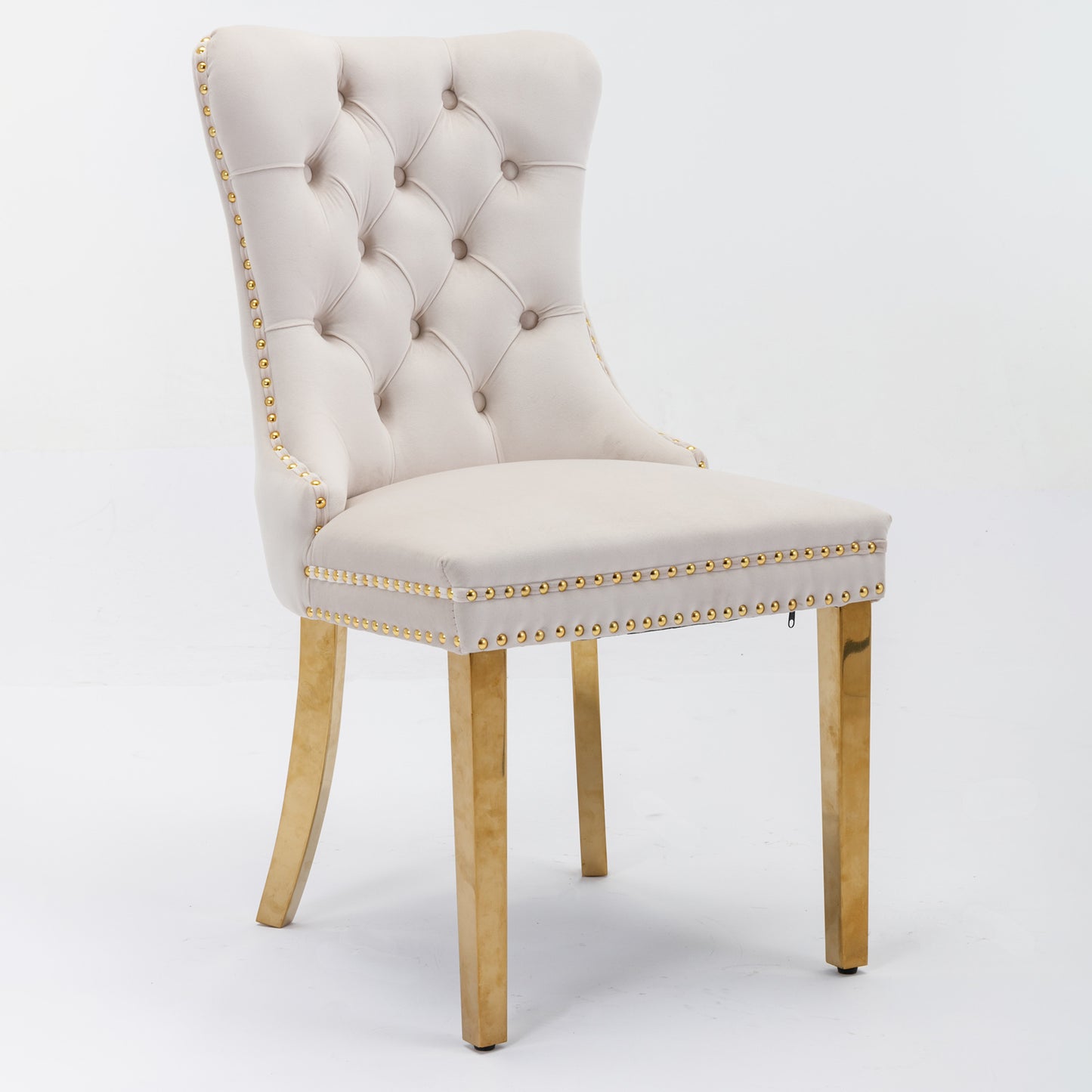 Tufted solid wood velvet soft cushion dining chair gold stainless steel plated leg nail head set of 2 pieces beige and gold - LaTezza Online Shop