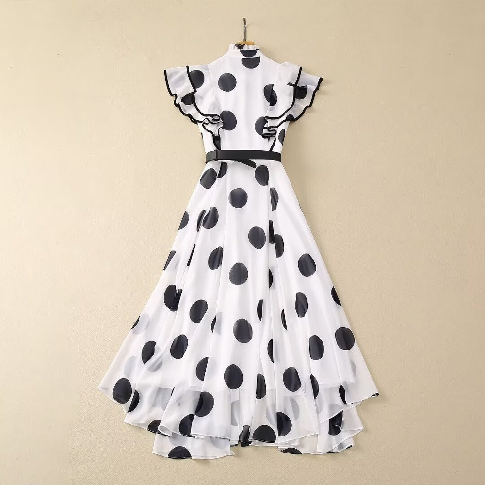Standing collar ruffled edge waistband single breasted lace up polka dot fairy skirt - LaTezza Online Shop