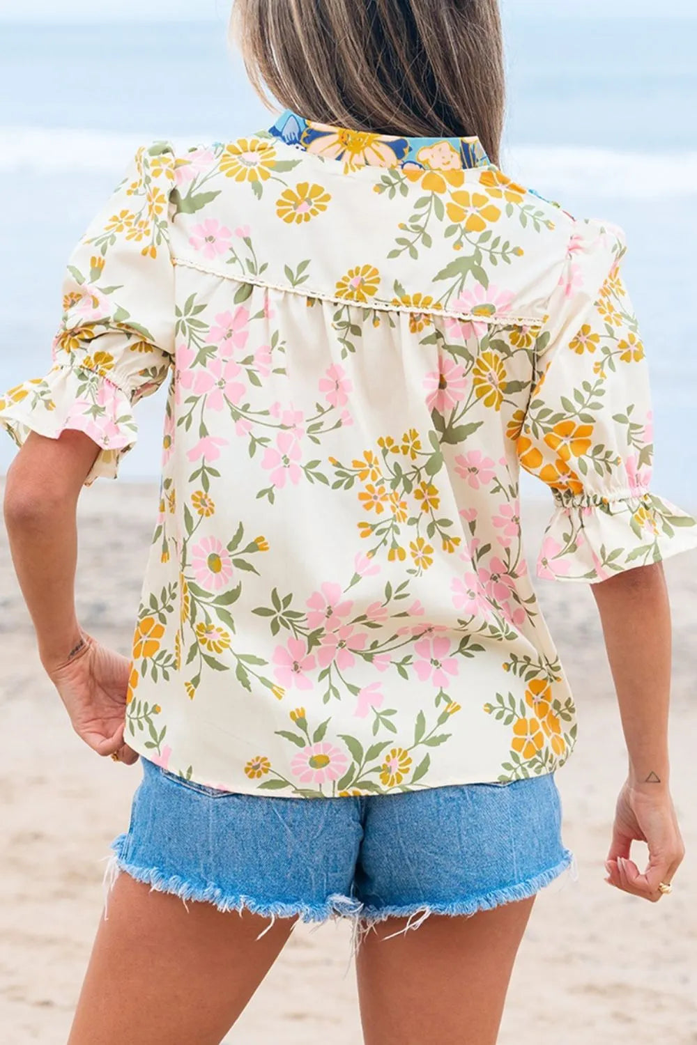 Multicolour Crochet V Neck Half Sleeve Boho Floral Blouse - LaTezza Online Shop