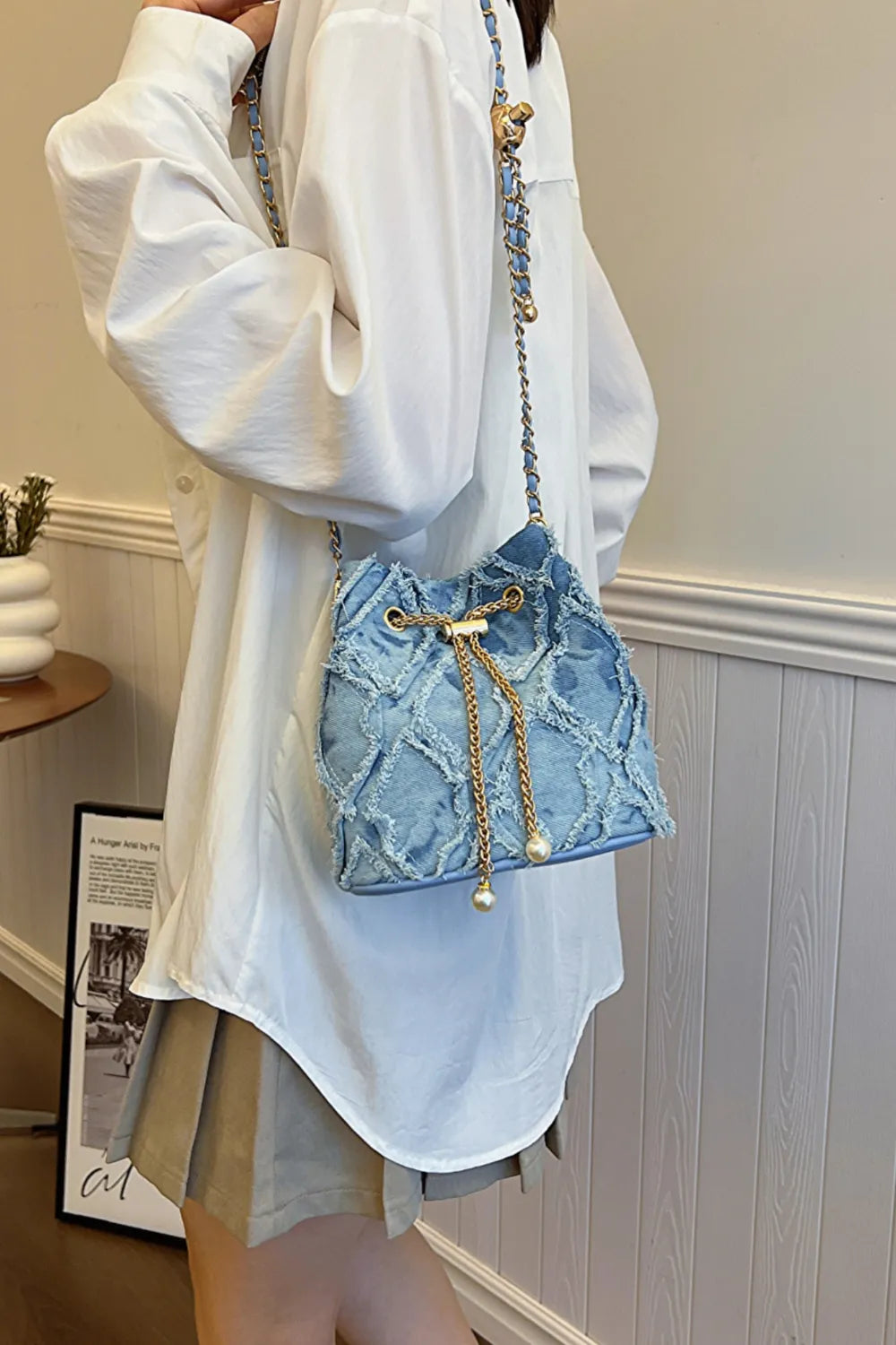 Chain Drawstring Raw Edge Denim Bucket Bag - LaTezza Online Shop