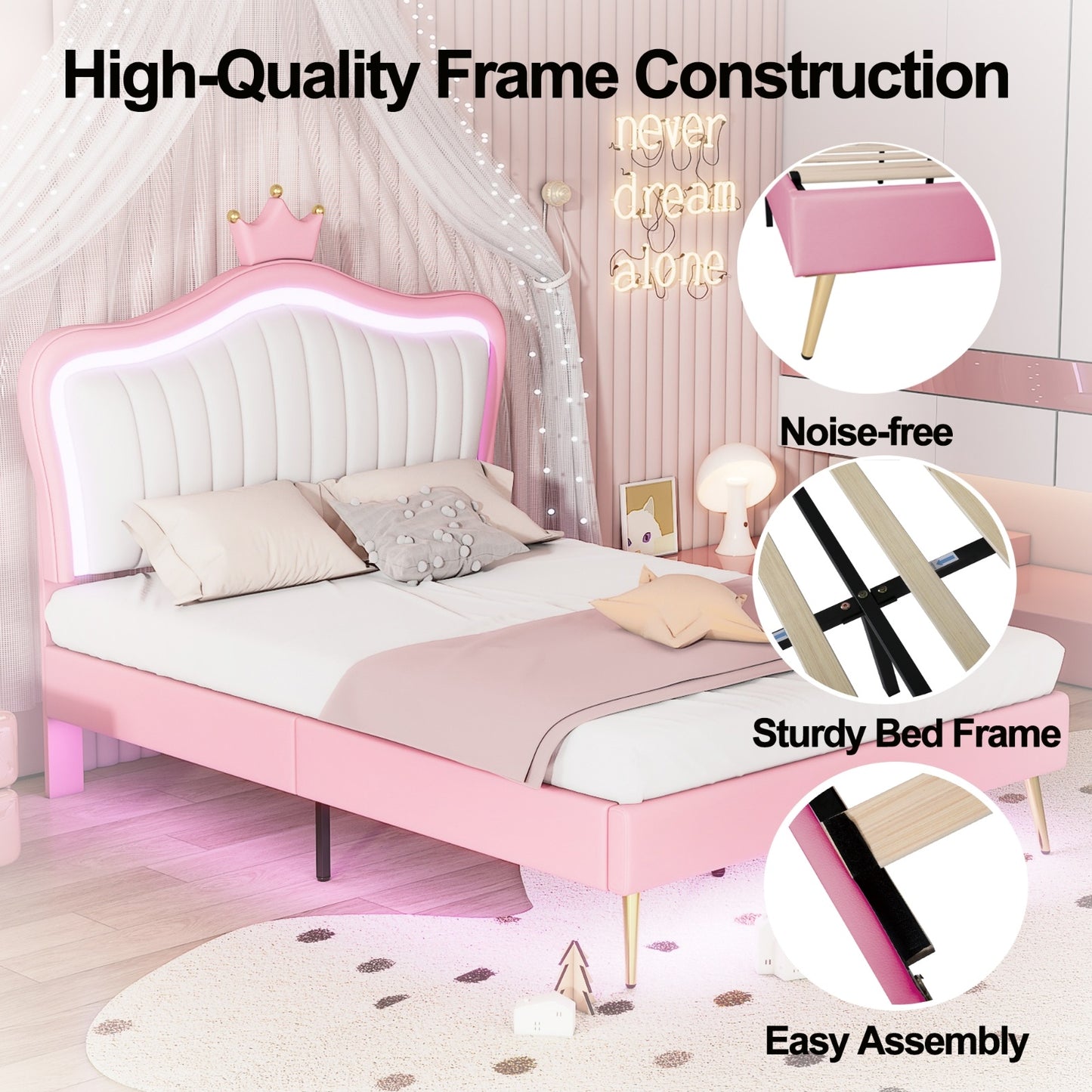 Full Size Upholstered Bed Frame With LED Lights & Crown Headboard - LaTezza Online Shop