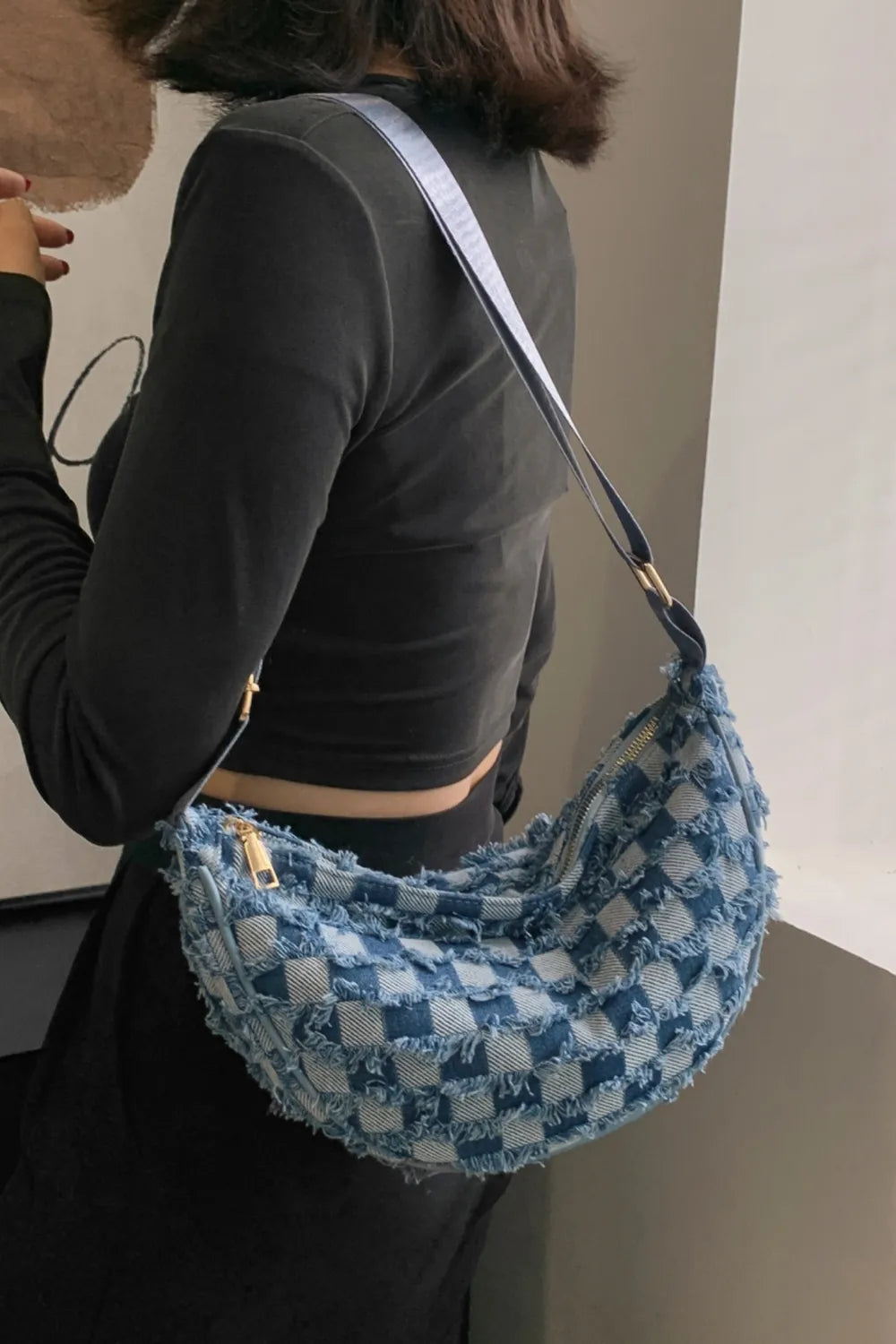Raw Hem Checkered Denim Crossbody Bag - LaTezza Online Shop