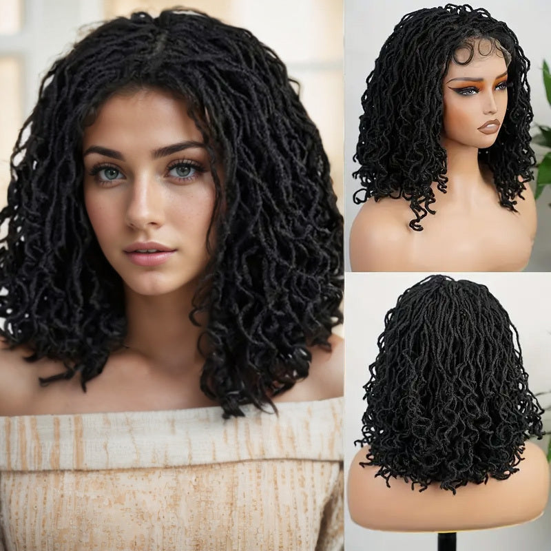 4x4 Lace Front Braided Wig Curly Mini Faux Locs Ombre Brown Ombre Blonde 14 Inch Shoulder Length Synthetic Lace Wig For Women - LaTezza Online Shop