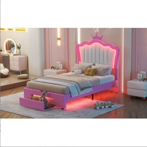 Twin Size Upholstered Bed Frame With LED Lights Modern Princess Bed With Crown Headboard and drawer