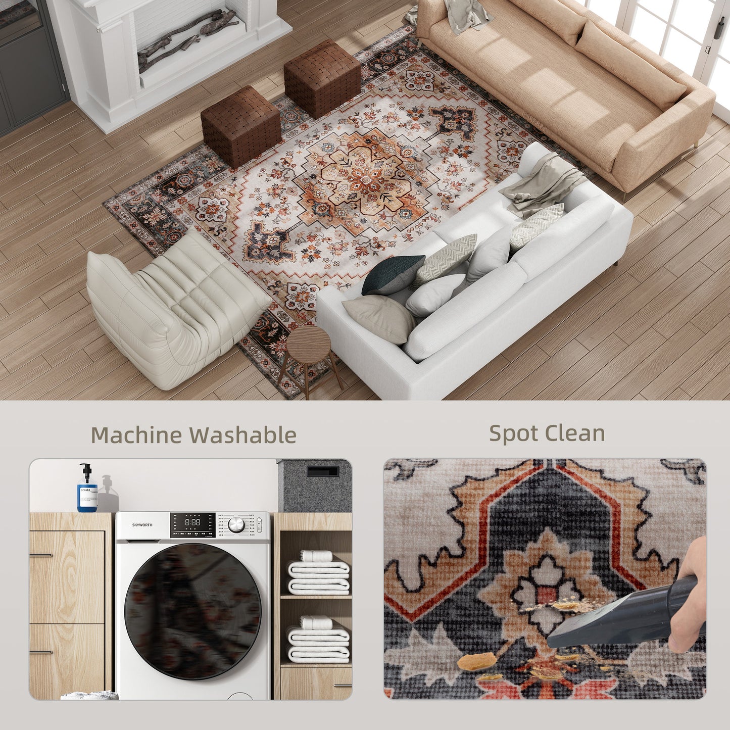 Area Rug 8x10, Machine Washable Rug, Non-Slip Boho Print Pattern Medallion Carpet For Living Room, Bedroom, Tawny Brown