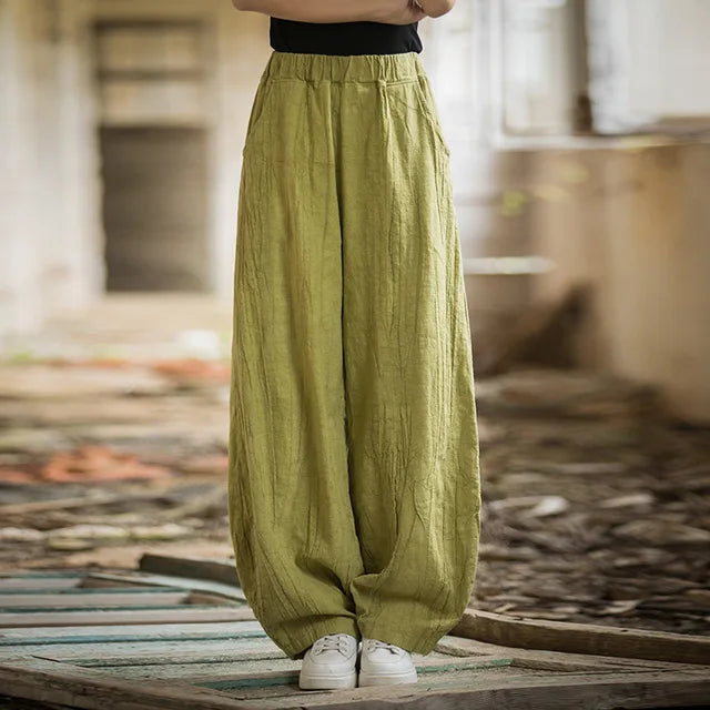 Elegant Women's Cotton Linen Baggy Cargo Pants Vintage Elastic Waist Yoga Trousers Loose Casual Long Wide Leg Oversize Clothes - LaTezza Online Shop