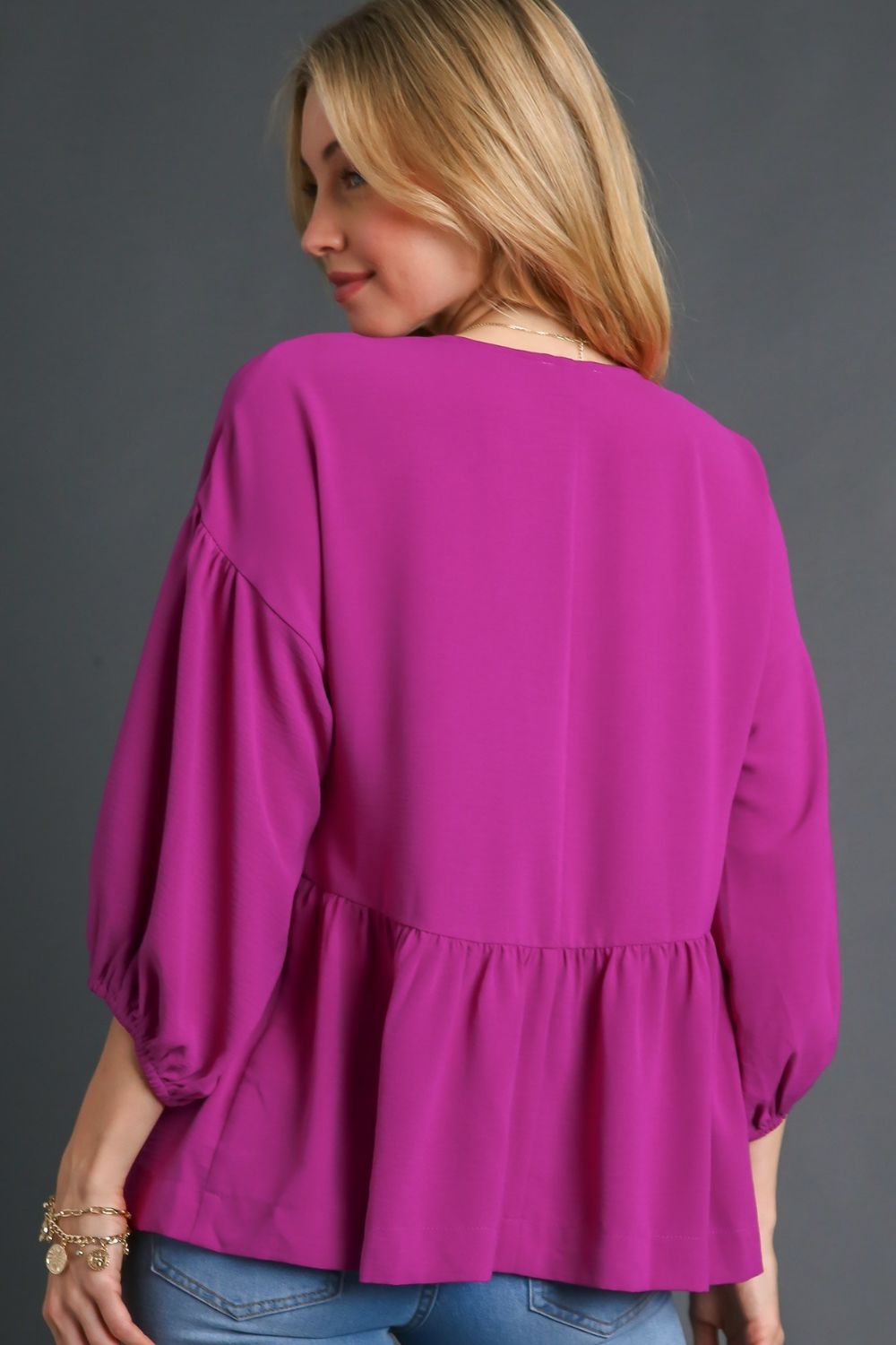 Umgee Full Size V-Neck Puffed 3/4 Sleeve Babydoll Blouse Plus Size - LaTezza Online Shop