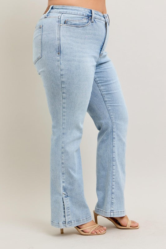 Judy Blue Full Size Tummy Control Vintage Wash Side Slit Slim Boot Jeans Plus Size - LaTezza Online Shop