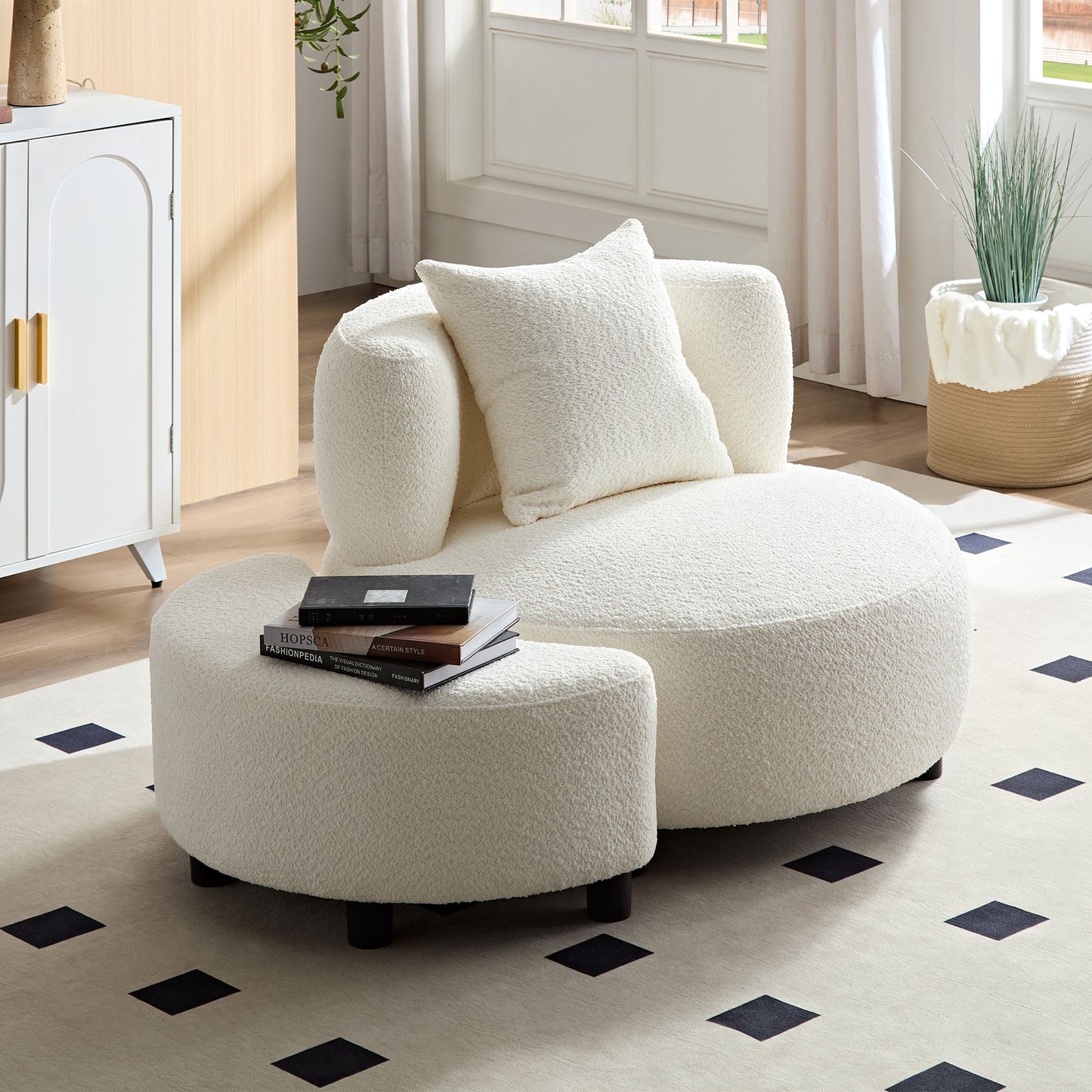 Modern Chair, Single Teddy Fabric Sofa with Ottoman Foot Rest for Living Room Bedroom and Office