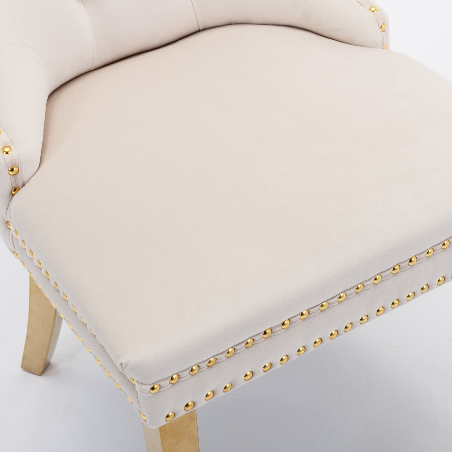 Tufted solid wood velvet soft cushion dining chair gold stainless steel plated leg nail head set of 2 pieces beige and gold - LaTezza Online Shop