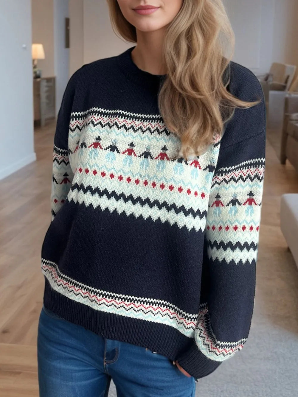 Contrast Round Neck Dropped Shoulder Sweater - LaTezza Online Shop