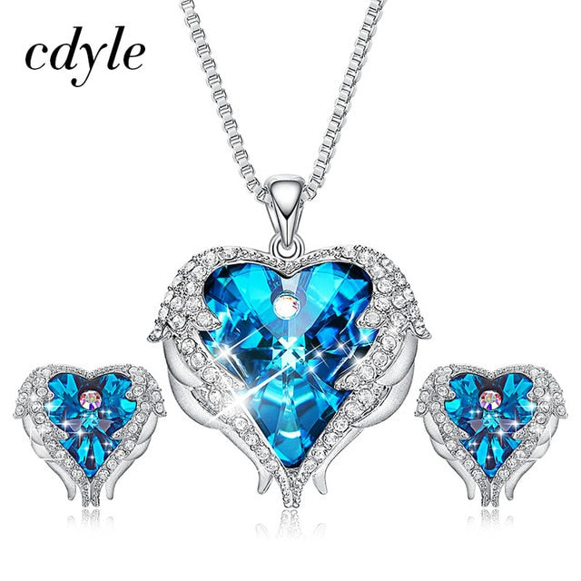 Cdyle Crystals from Swarovski Angel Wings Necklaces Earrings Purple Blue Crystal Heart Pendant Jewelry Set For Women Love Gifts - LaTezza Online Shop