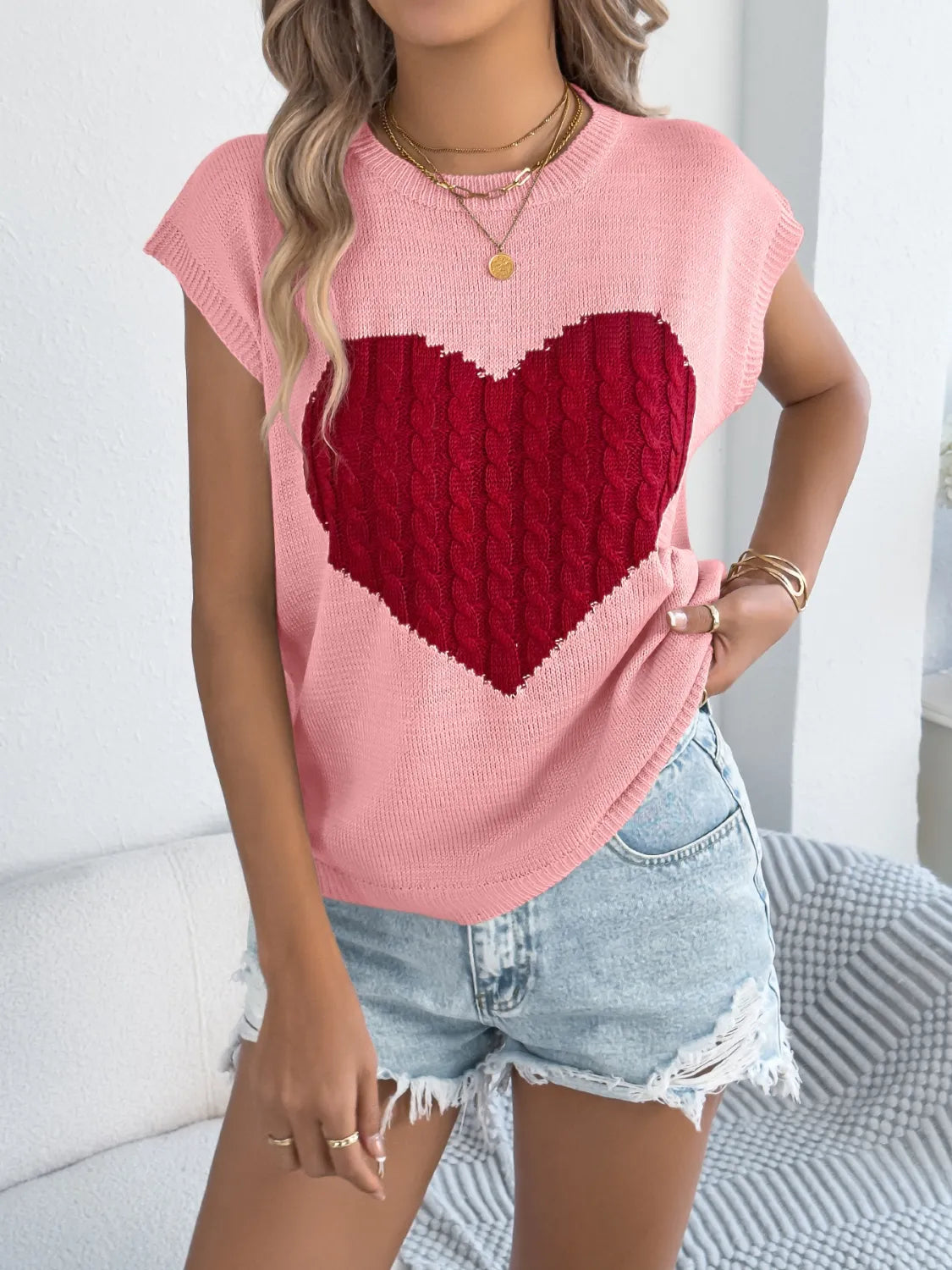 Cable Knit Heart Round Neck Cap Sleeve Knit Top - LaTezza Online Shop