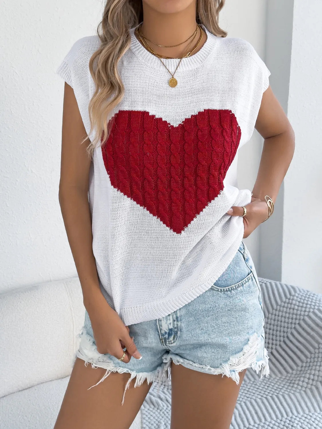 Cable Knit Heart Round Neck Cap Sleeve Knit Top - LaTezza Online Shop