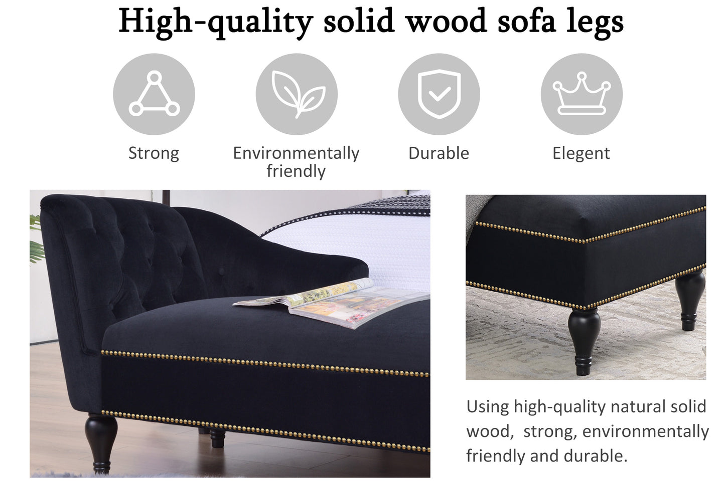58 inch velvet lounge chair, button cluster right arm lounge chair with nail head decoration and solid wood legs - LaTezza Online Shop
