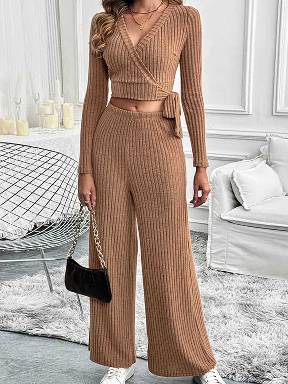 Perfee Surplice Long Sleeve Top and Pants Set - LaTezza Online Shop