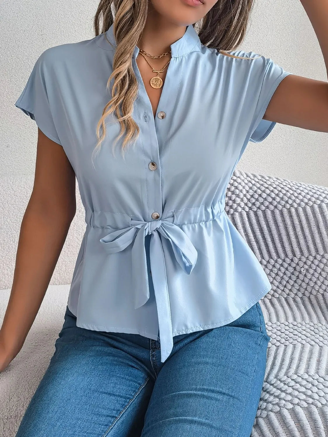 Notched Short Sleeve Blouse - LaTezza Online Shop