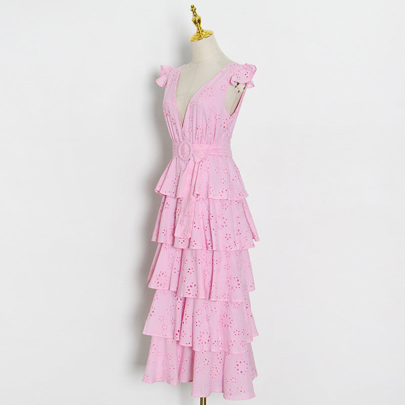 Simple Design Solid Color Cake Skirt Summer New Sexy V-Neck Hook Flower Hollow Stitching Dress - LaTezza Online Shop