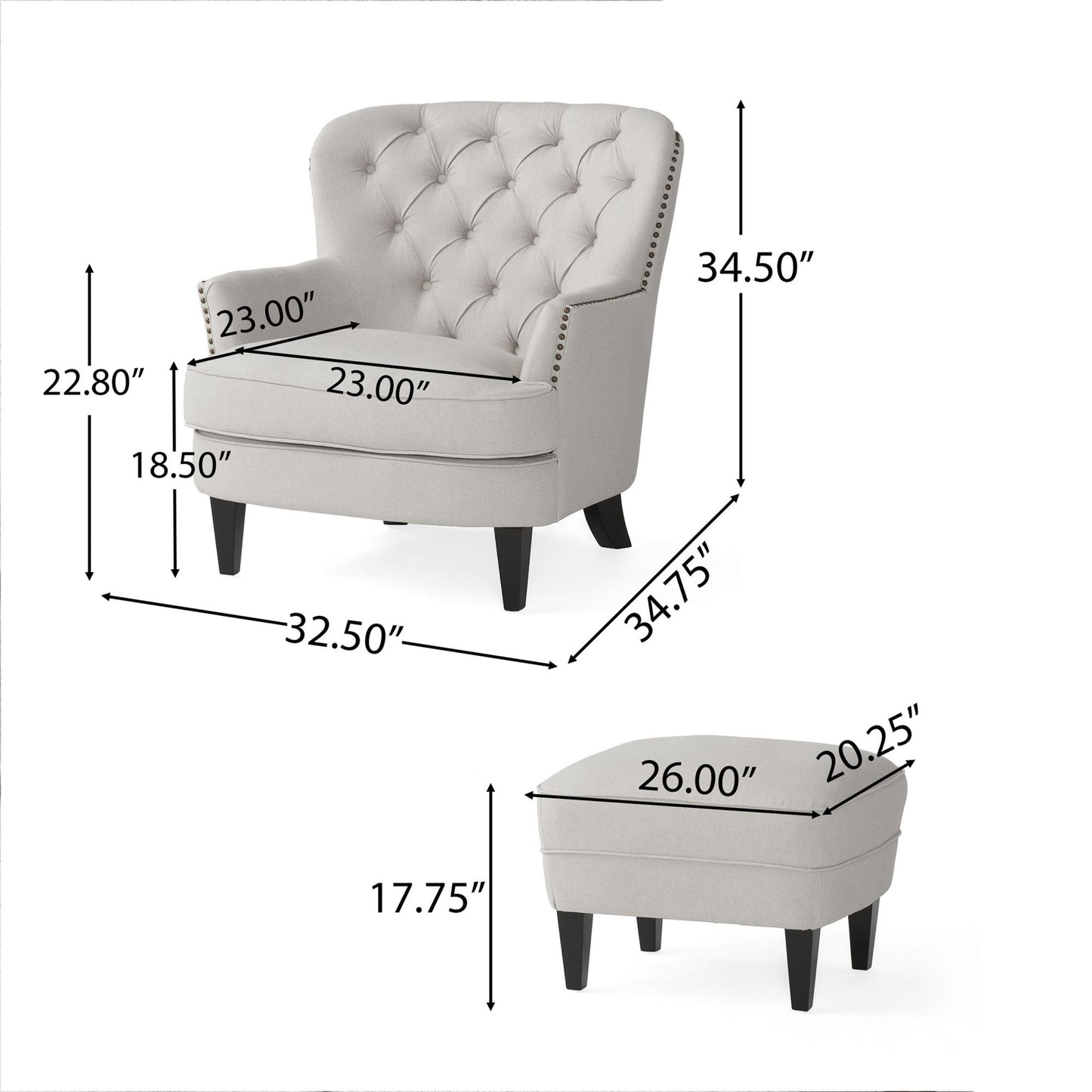 Arm Chair with Ottoman Modern light grey tufted fabric club chair and Ottoman set, stylish cushioned armchair - LaTezza Online Shop